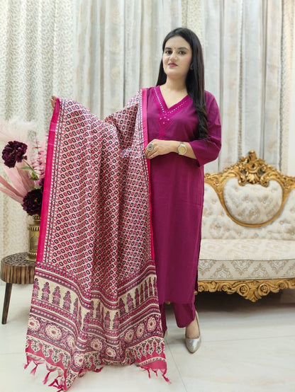 Cotton Kurta Paired with Standard Bottom with Beautiful Art Silk Dupatta