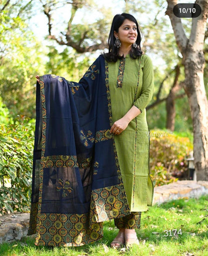 Pure Cotton Ajrak Suit with Applique work Cotton Duppata