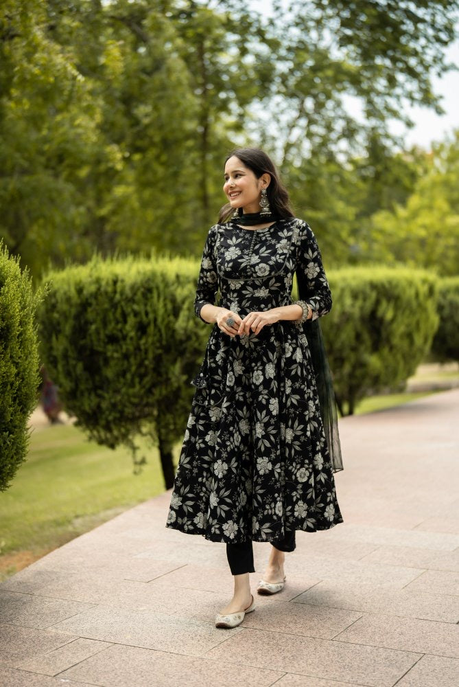 Cotton Floral Black Printed Anarkali Suit Set