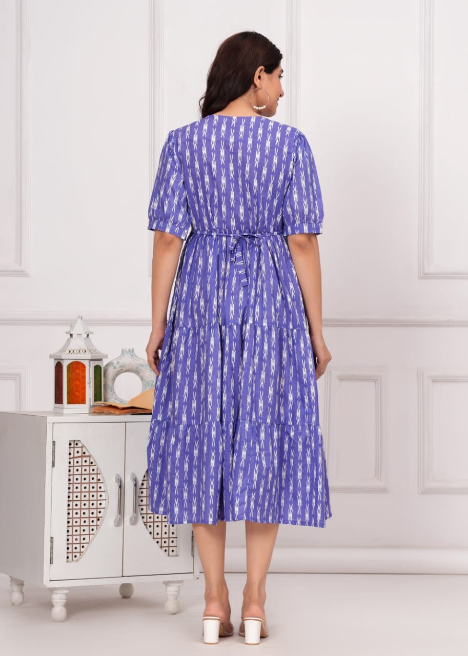 Beautiful Purple Printed Cotton Middi With Heart Neck Gown Dress