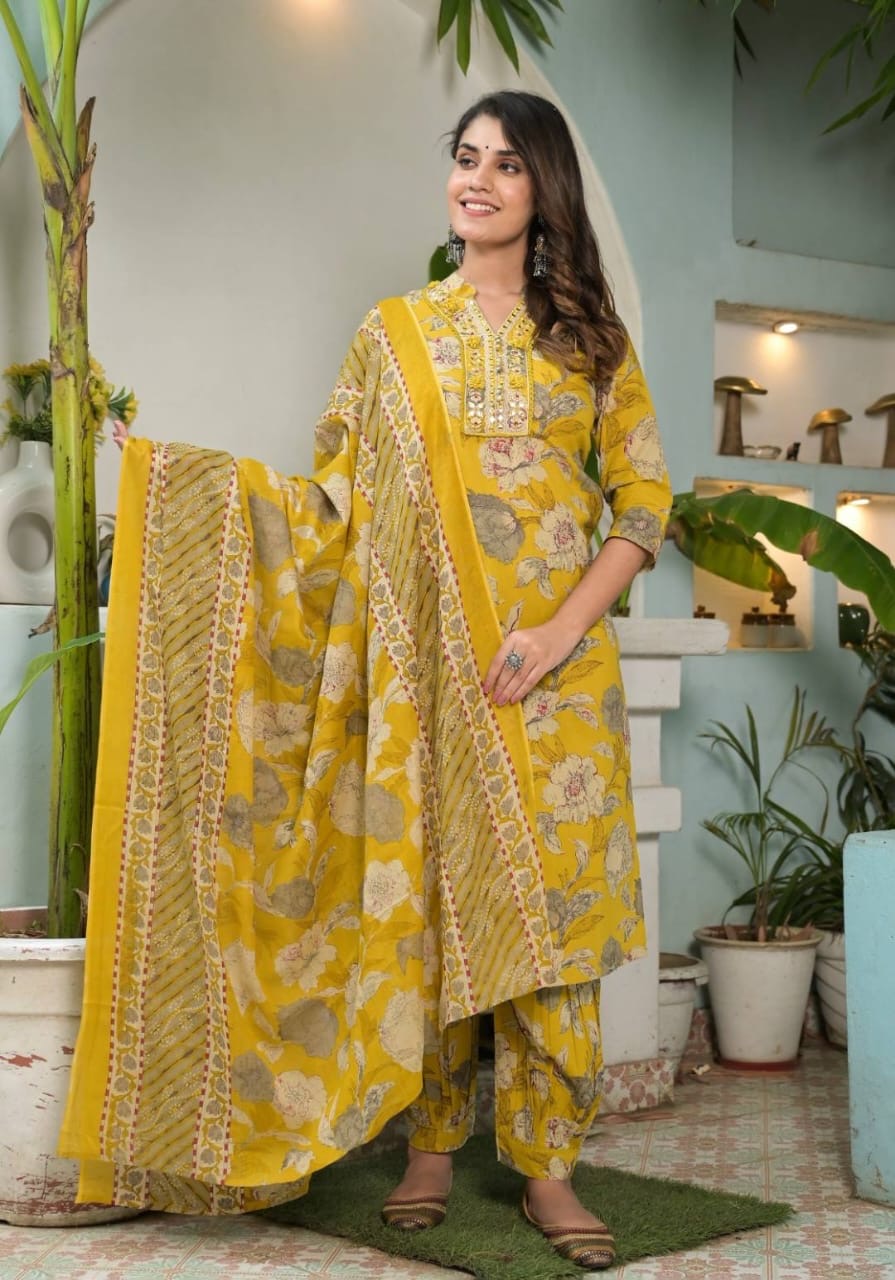 Floral Printed Mirror Embellished Straight Kurta Paired With Afghani Bottom And Printed Dupatta