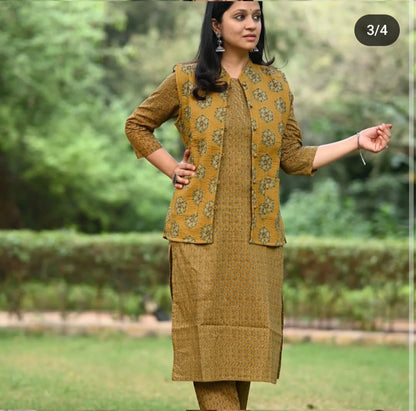 Winter Collection Of Cotton Procin Print Kurti Pant Set With Quilted Cotton Jacket