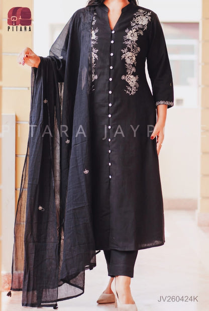 Pure Cotton Kurti with Embroidery with Pant and Mulmul Embroidery Dupatta