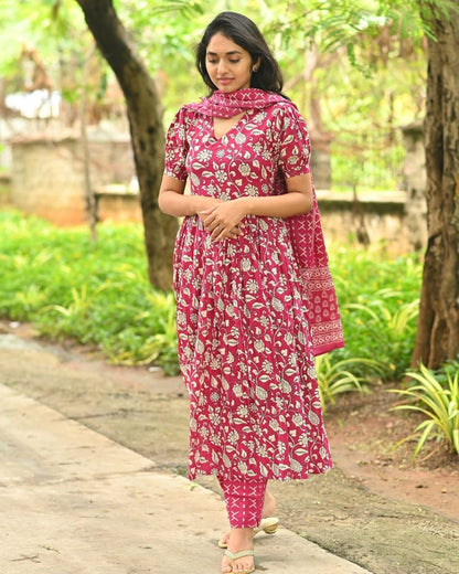 The Perfect bBlend of Cotton and Festive Flair with Vedika Pen Kalamkari Print Anarkali Set