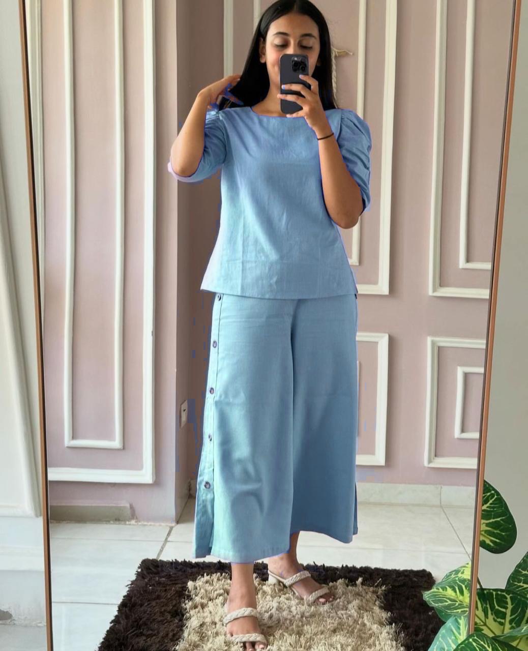 Pure Cotton Chic Coordset with Puffed Sleeves Paired with Comfy Culottes Palazzo