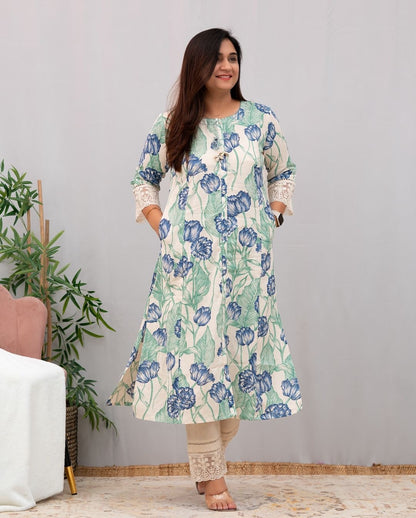 Aline kurta with lace detailing on sleeves Casual Pant Set