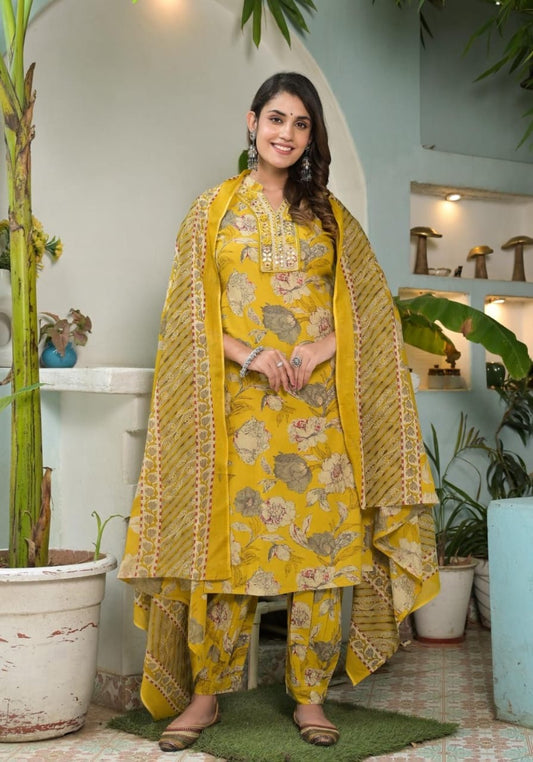 Floral Printed Mirror Embellished Straight Kurta Paired With Afghani Bottom And Printed Dupatta