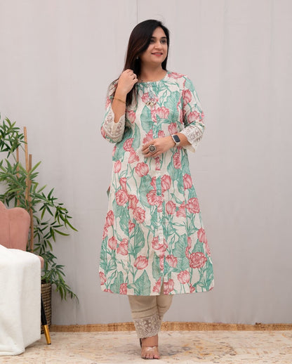 Aline kurta with lace detailing on sleeves Casual Pant Set