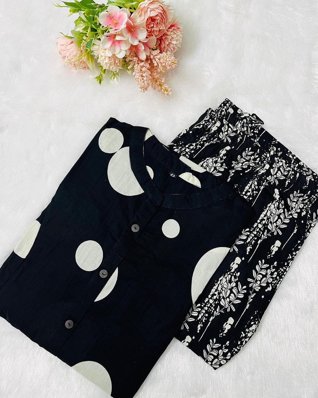 Black Polka Dot and Playful Print Kurti Pant.