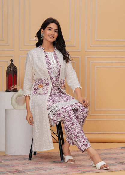 COTTON STRAIGHT CO-ORD SET WITH BEAUTIFUL SHIFLLY JACKET