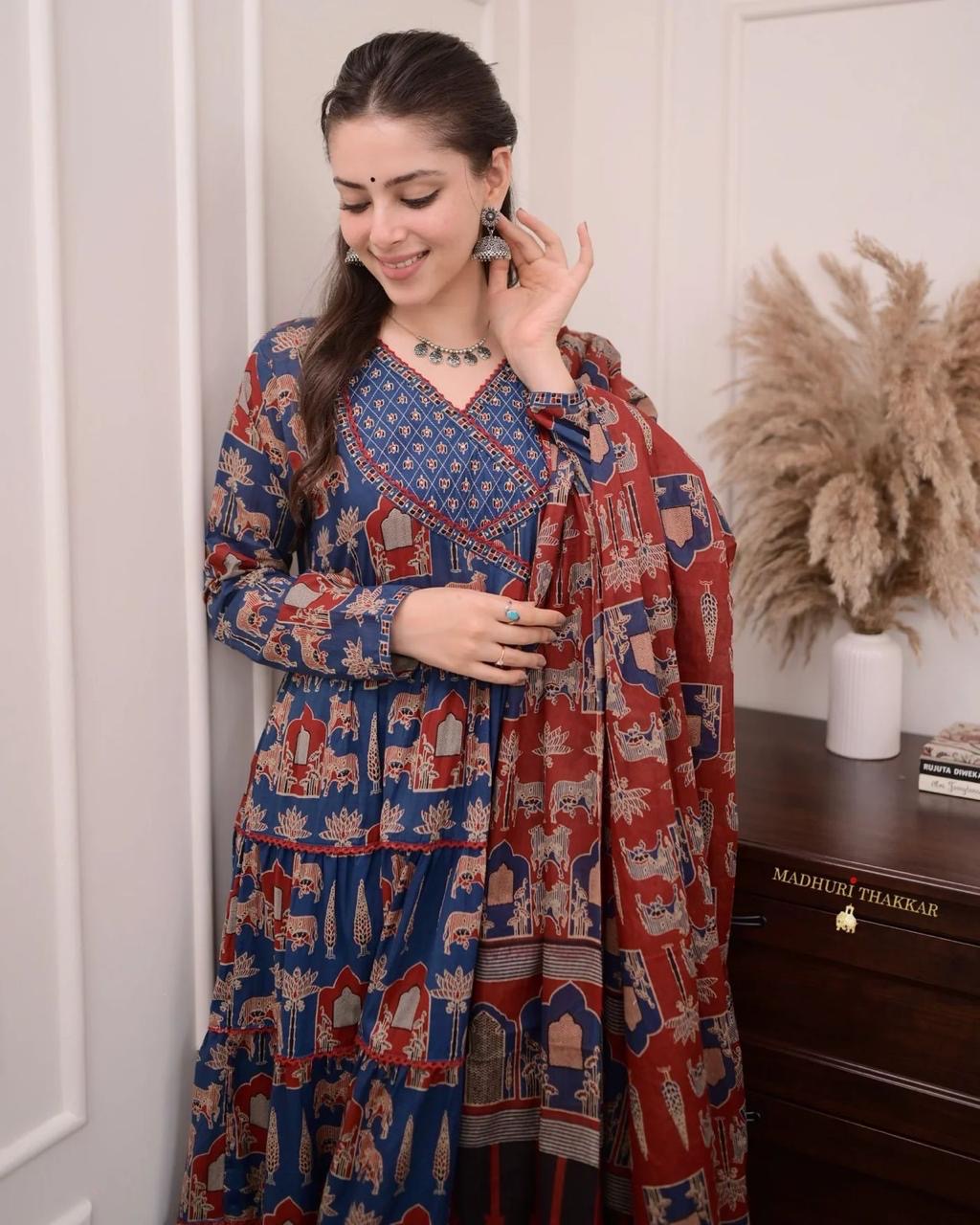 Anarkali kurta Printed Cotton Kurta & Pant Dupatta Set