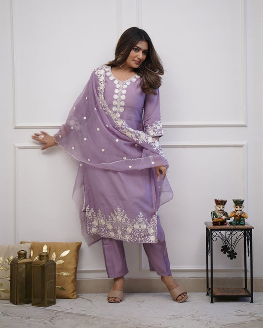 Beautiful Suit Set With Pure Organza Embroidery Duppata