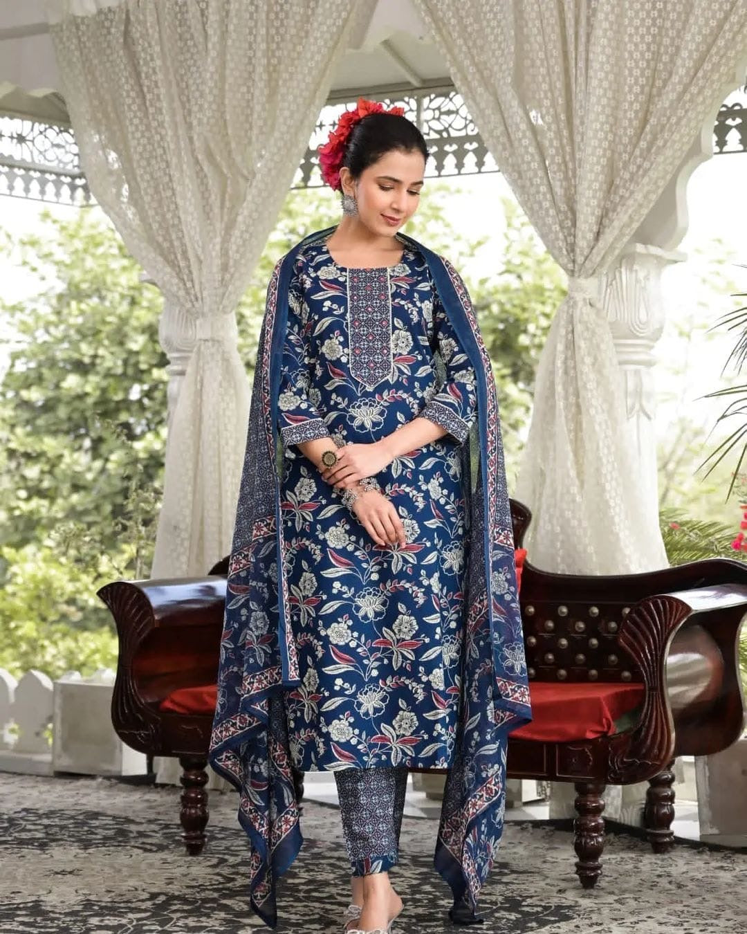 Floral Printed Cotton Kurta With Pants & Dupatta