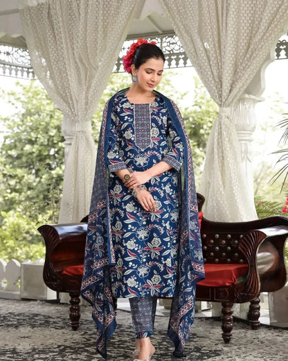 Floral Printed Cotton Kurta With Pants & Dupatta