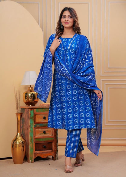 Beautiful Indigo Print Kurti with Matching Pant and Dupatta Set