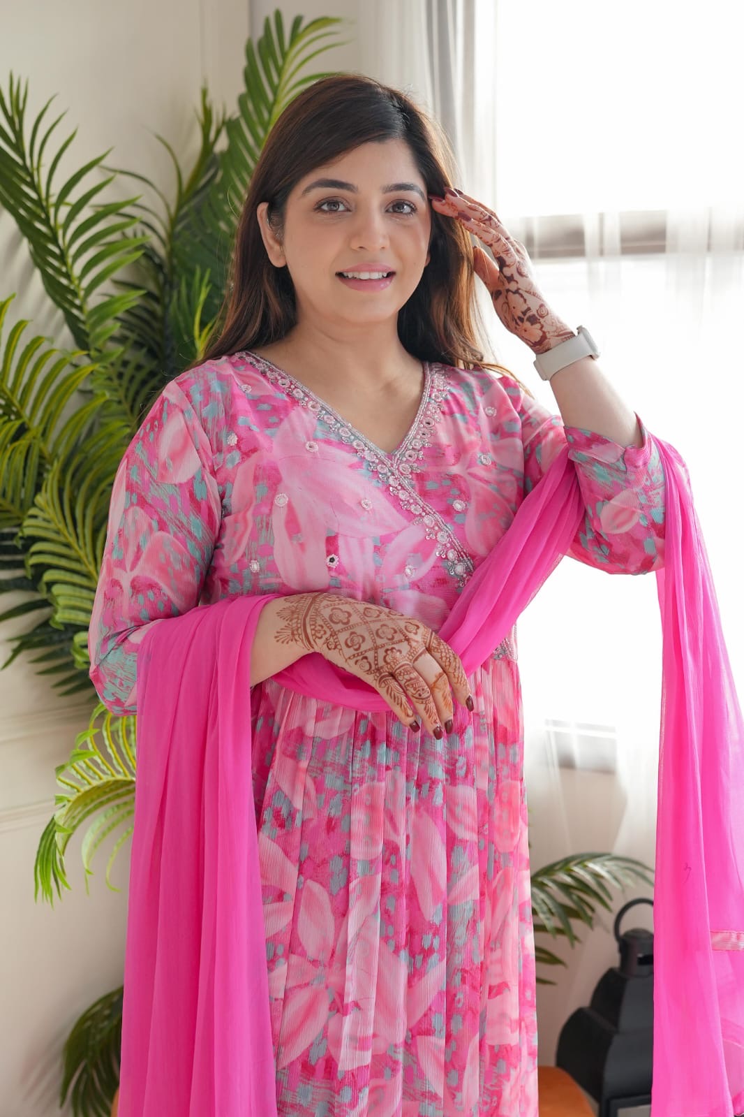 Pink Floral Angrakha Alia Cut Suit Set With Lining Is An Inner Layer Of Fabric