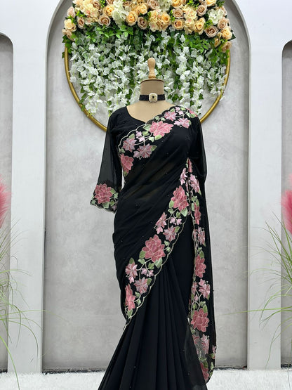 Faux Georgette Febric With Thred Work Deginer Saree