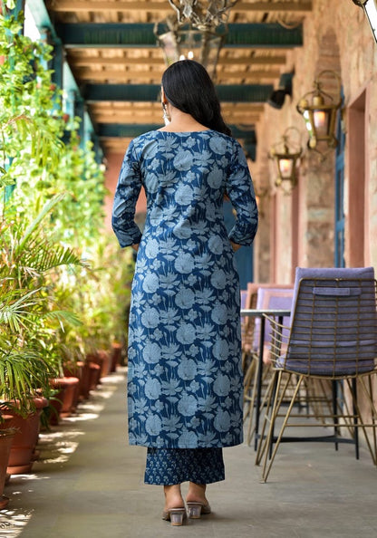 Premium Indigo Cotton Kurtis With Heavy Embroidery Work On Neck with Pant & Full Cotton Dupatta