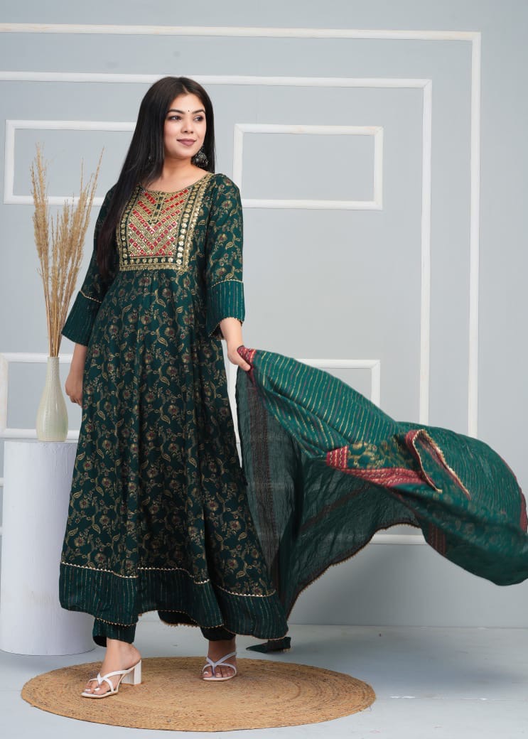 Beautiful Rayon Fabric Printed Anarkali Long Kurti With Pant & Printed Dupatta