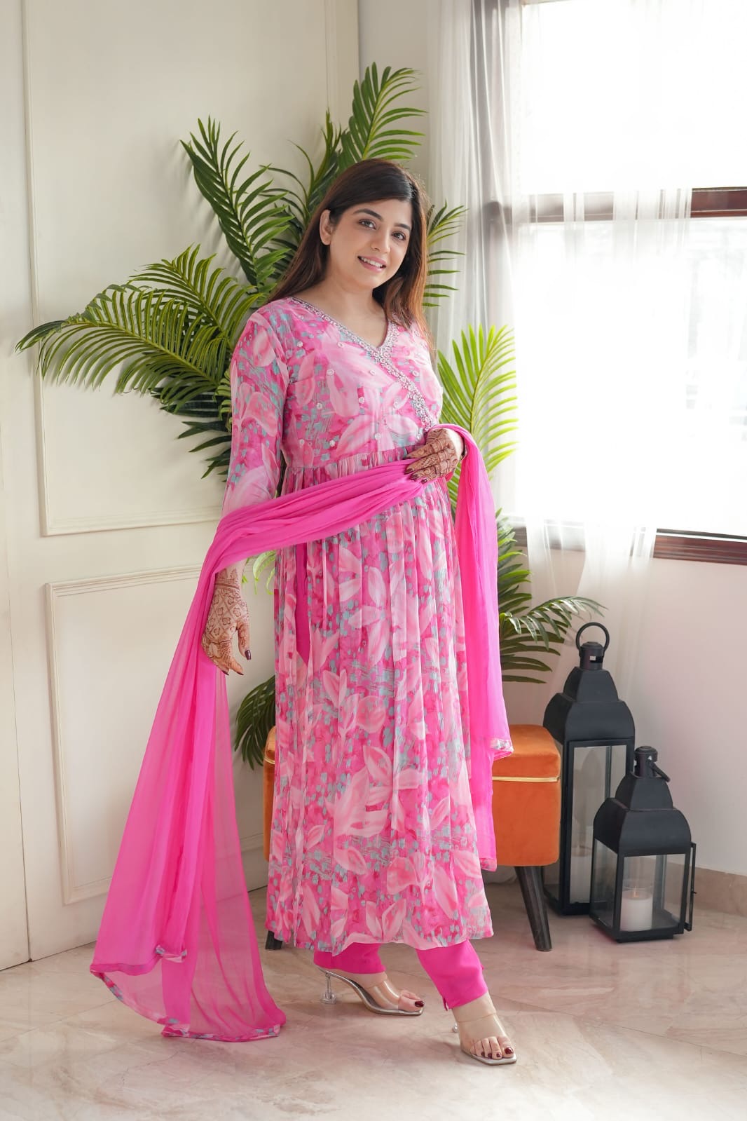 Pink Floral Angrakha Alia Cut Suit Set With Lining Is An Inner Layer Of Fabric