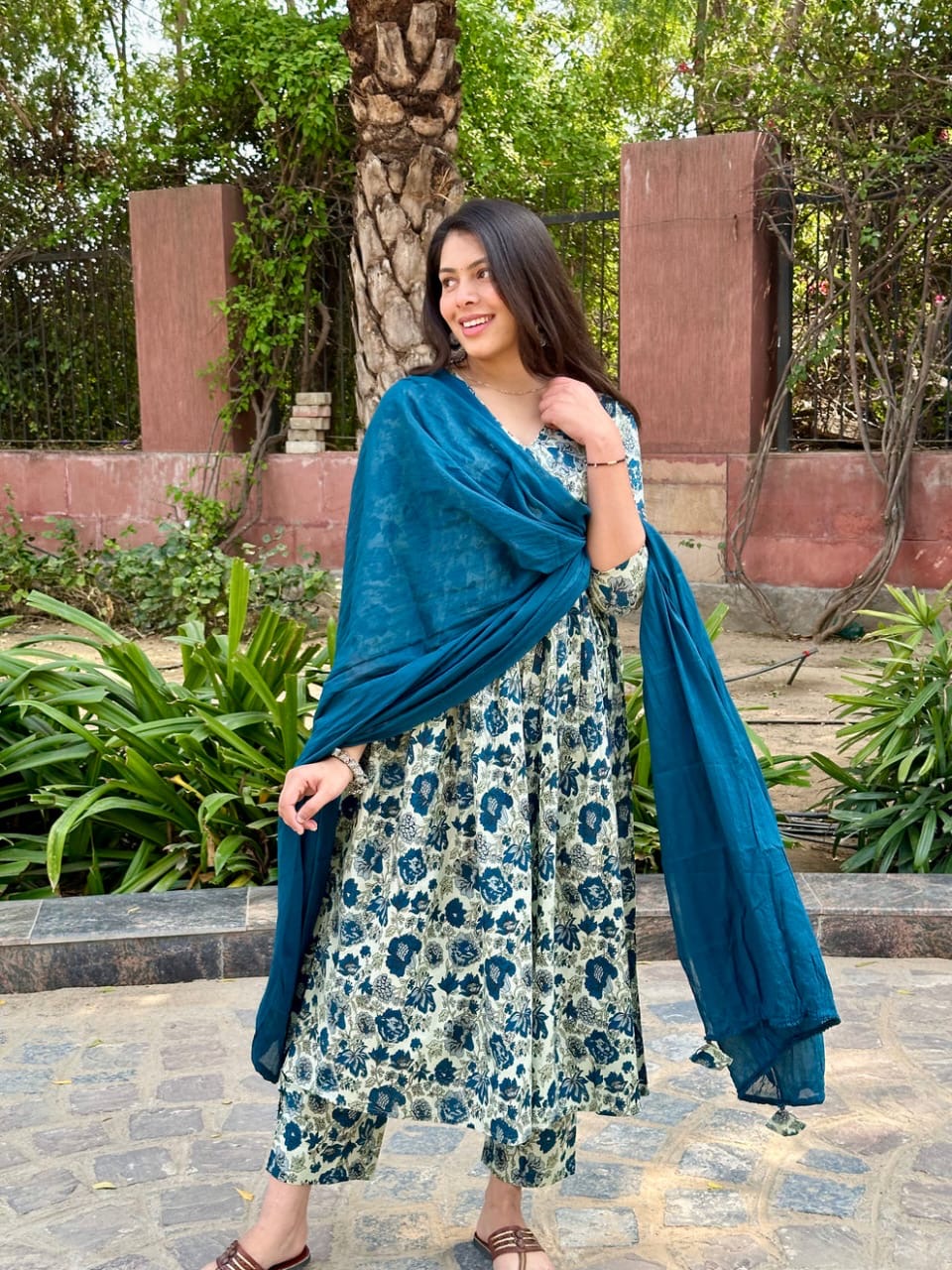 Jaipuri Hand Block Print Anarkali Angrakha Style kurti, Pant with Mulmul Dupatta