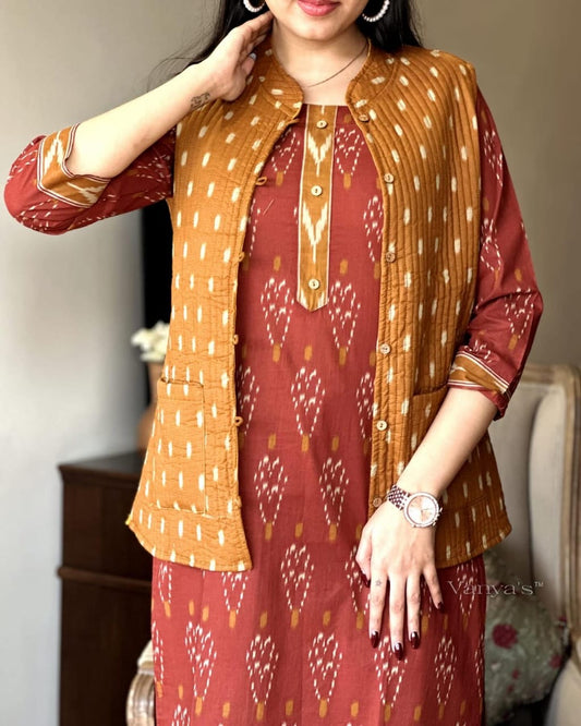 Winter Collection Of Cotton Procin Print Kurti Pant Set With Quilted Cotton Jacket