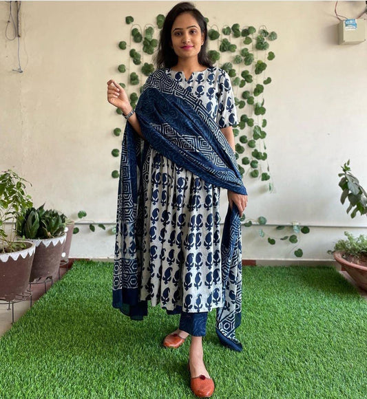 Cotton Printed Kurta & Pant with Mulmul Printed Dupatta