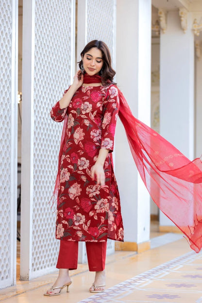 Beautiful Floral Printed Kurta Pant Dupatta Set