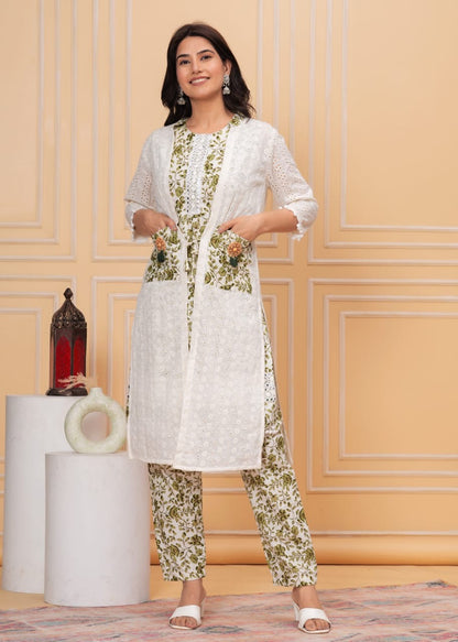 COTTON STRAIGHT CO-ORD SET WITH BEAUTIFUL SHIFLLY JACKET