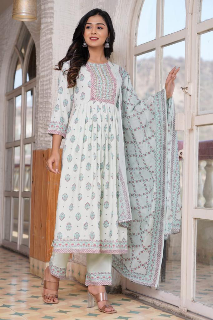 HAND WORK AND EMBORDING NYRA CUT KURTI PANT MALMAL DUPATTA