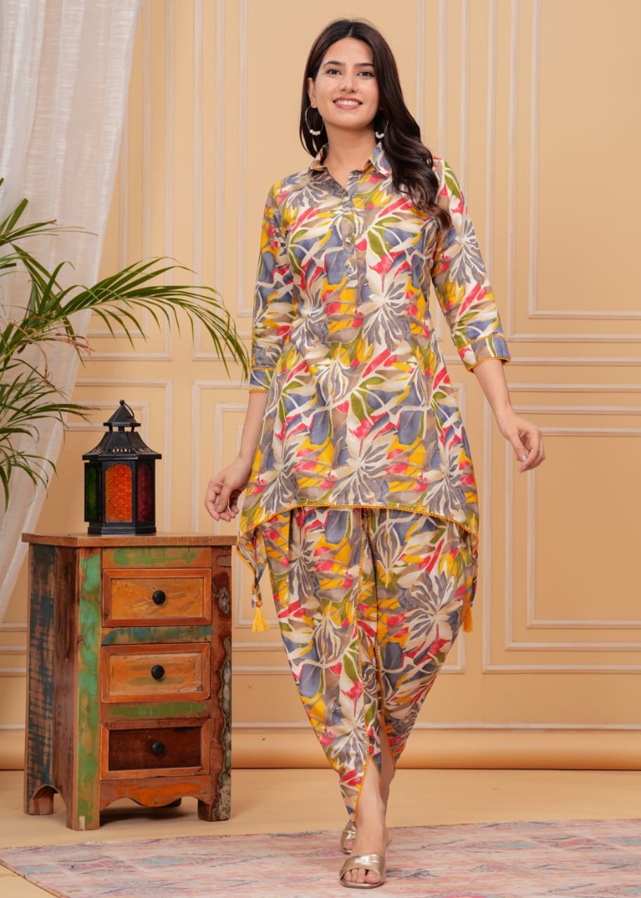 Maslin Party Wear C-Cut Kurti with Dhoti Co-ord Set