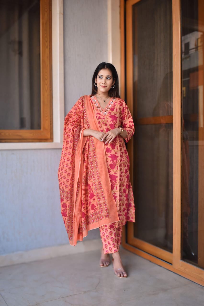 Pure fine Cotton fabric Kurti with Pant with cotton Dupatta