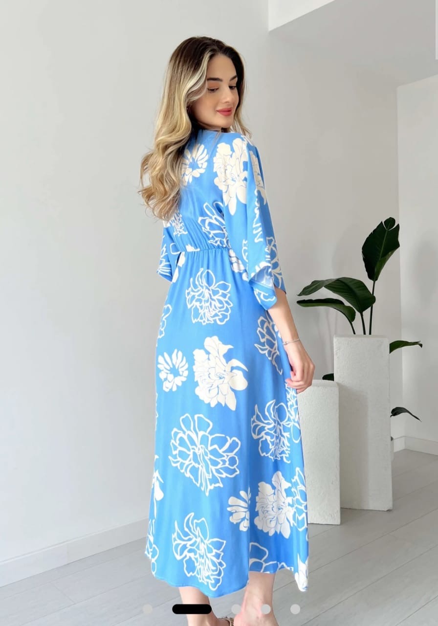 Beautiful Blue Printed Cotton Middi with V-neck Gown Dress