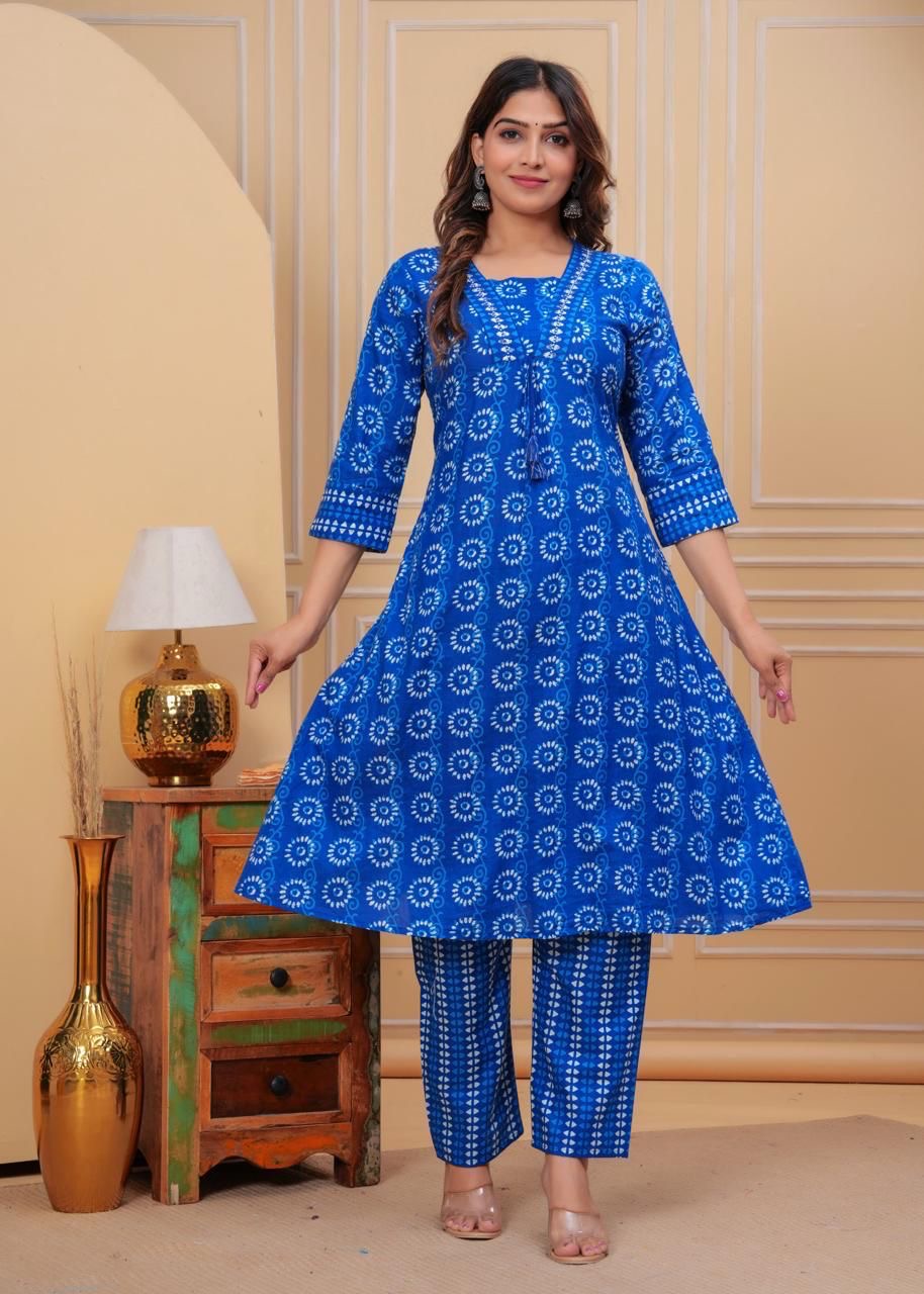 Beautiful Indigo Print Kurti with Matching Pant and Dupatta Set