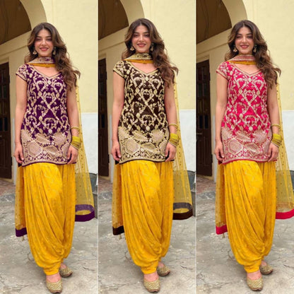 Heavy Embroidery Sequence Work Top-Patiala And Dupatta Set