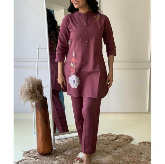 Pure Cotton Chic Co-ord Set with Handwork Paired with Comfy