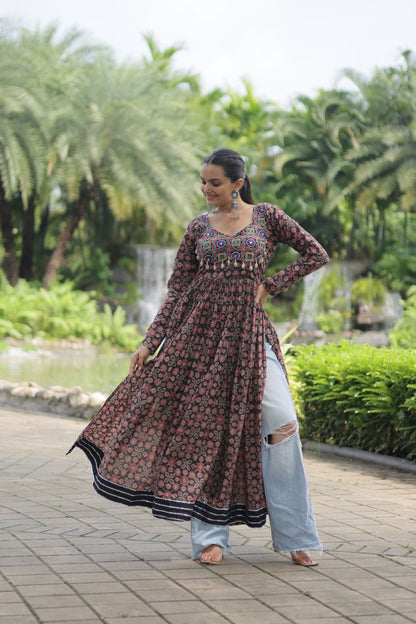 Designer Printed Kurti Made from Heavy Printed Cotton with Kutchi Gamthi Lace and Kodi Work