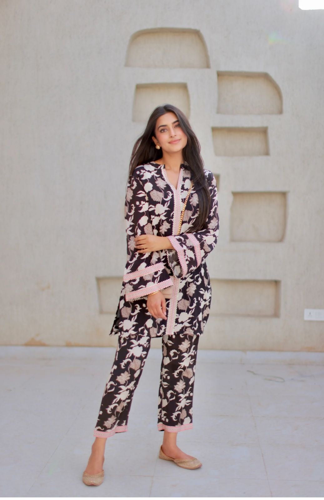 Black Floral Printed Co-ord Set Features Vibrant Black Floral Print