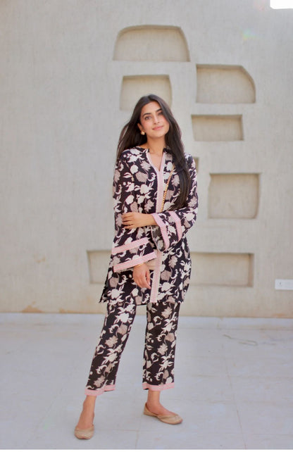 Black Floral Printed Co-ord Set Features Vibrant Black Floral Print