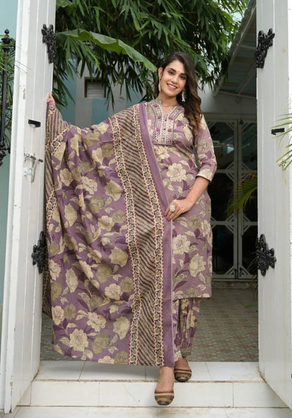 Floral Printed Mirror Embellished Straight Kurta Paired With Afghani Bottom And Printed Dupatta