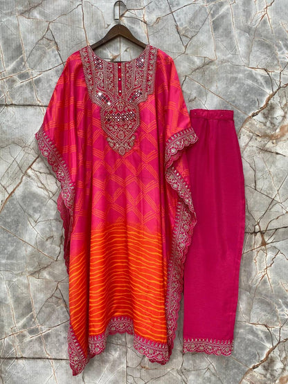 BANDHANI PRINT WITH CORDING SEQUENCES EMBROIDERY AND REAL MIRROR WORK KAFTAN WITH PANT