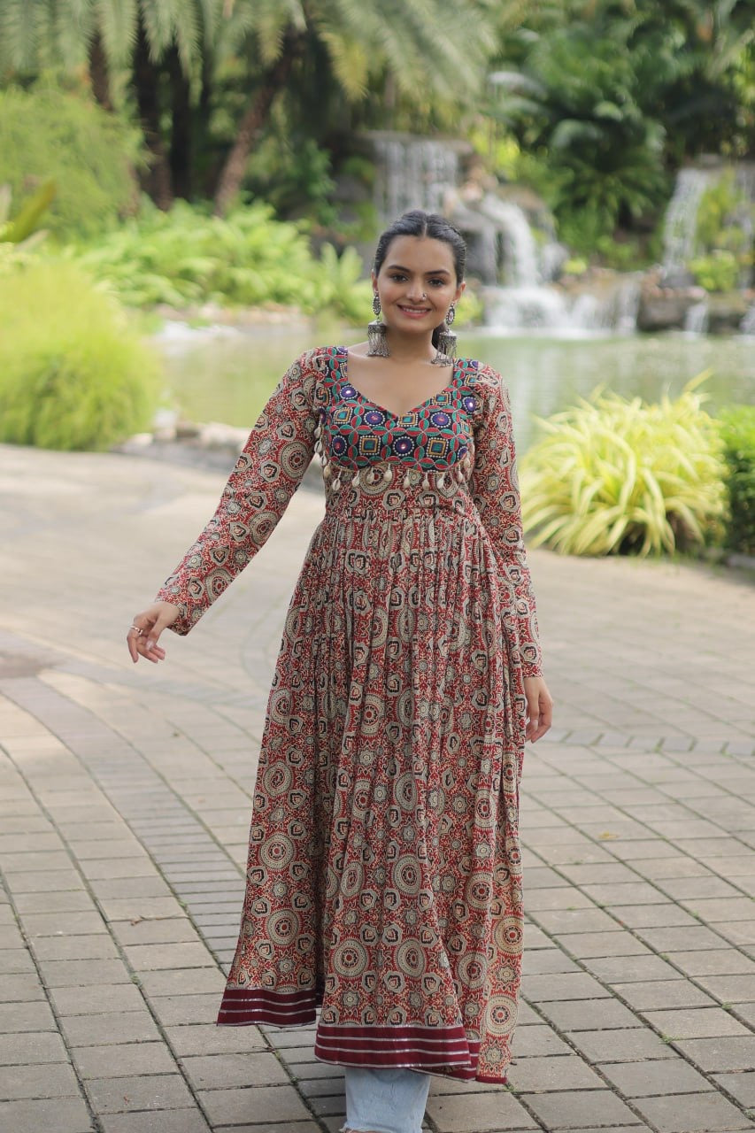 Designer Printed Kurti Made from Heavy Printed Cotton with Kutchi Gamthi Lace and Kodi Work