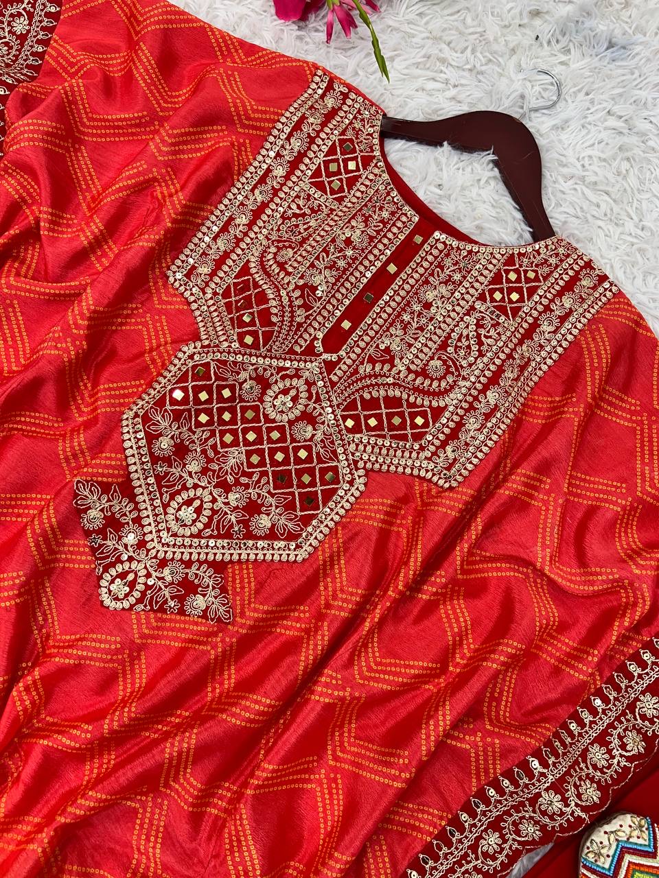 Pure Chinnon With Embroidery Coding Dori-Sequence Work Kaftan Set