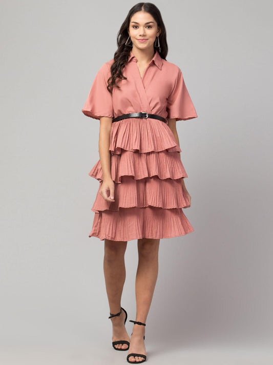 Crepe Solid Shirt Collar Flared Peach Short Dress