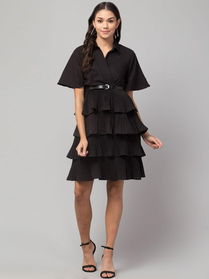 Crepe Solid Shirt Collar Flared Black Short Dress