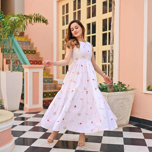 Azure Multi Flower Cotton Printed Cut-Sleeves Gown