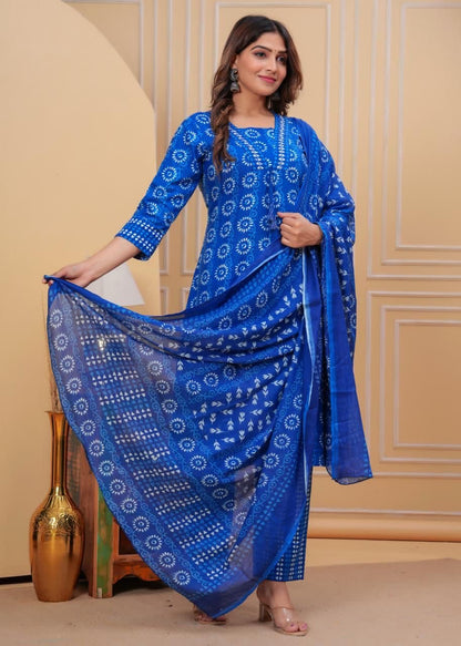 Beautiful Indigo Print Kurti with Matching Pant and Dupatta Set