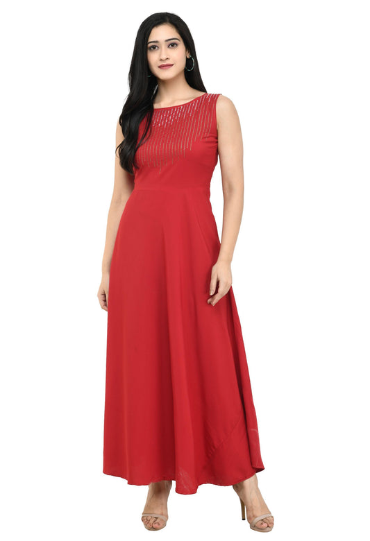 Crepe Embellished Partywear Red Maxi Dress