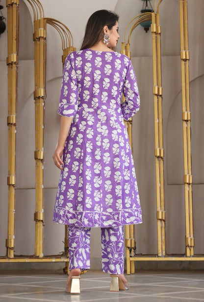 Beautiful Cotton Fabric Gown Kurti Full Flair Pant with Duppta Set