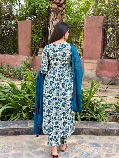 Jaipuri Hand Block Print Anarkali Angrakha Style kurti, Pant with Mulmul Dupatta